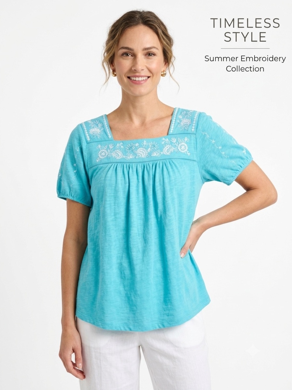 Time and Tru Turquoise Square-Neck Embroidered Tunic